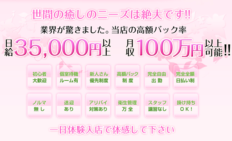 業界が驚きました。当店の高額バック率。日給35,000円以上　月収100万円以上可能