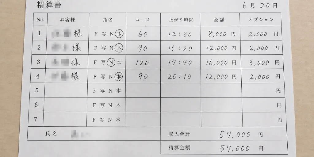 机の上に置かれた手書きの給料明細イメージ